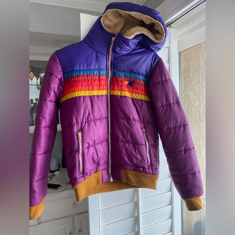 NWOT Aviator Nation Medium Purple Trekker Jacket with Sherpa Lined Hood